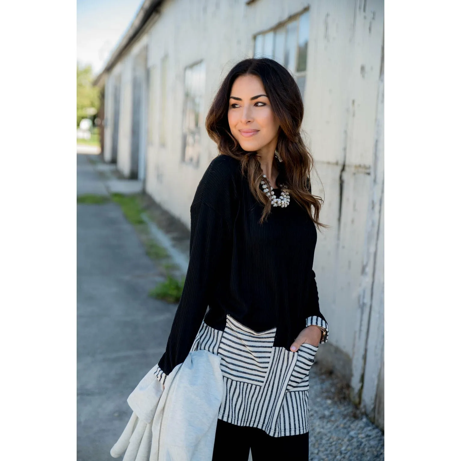 Texture Stripe Trimmed Blouse