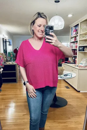 V neck ribbed short sleeve top- Hot Pink