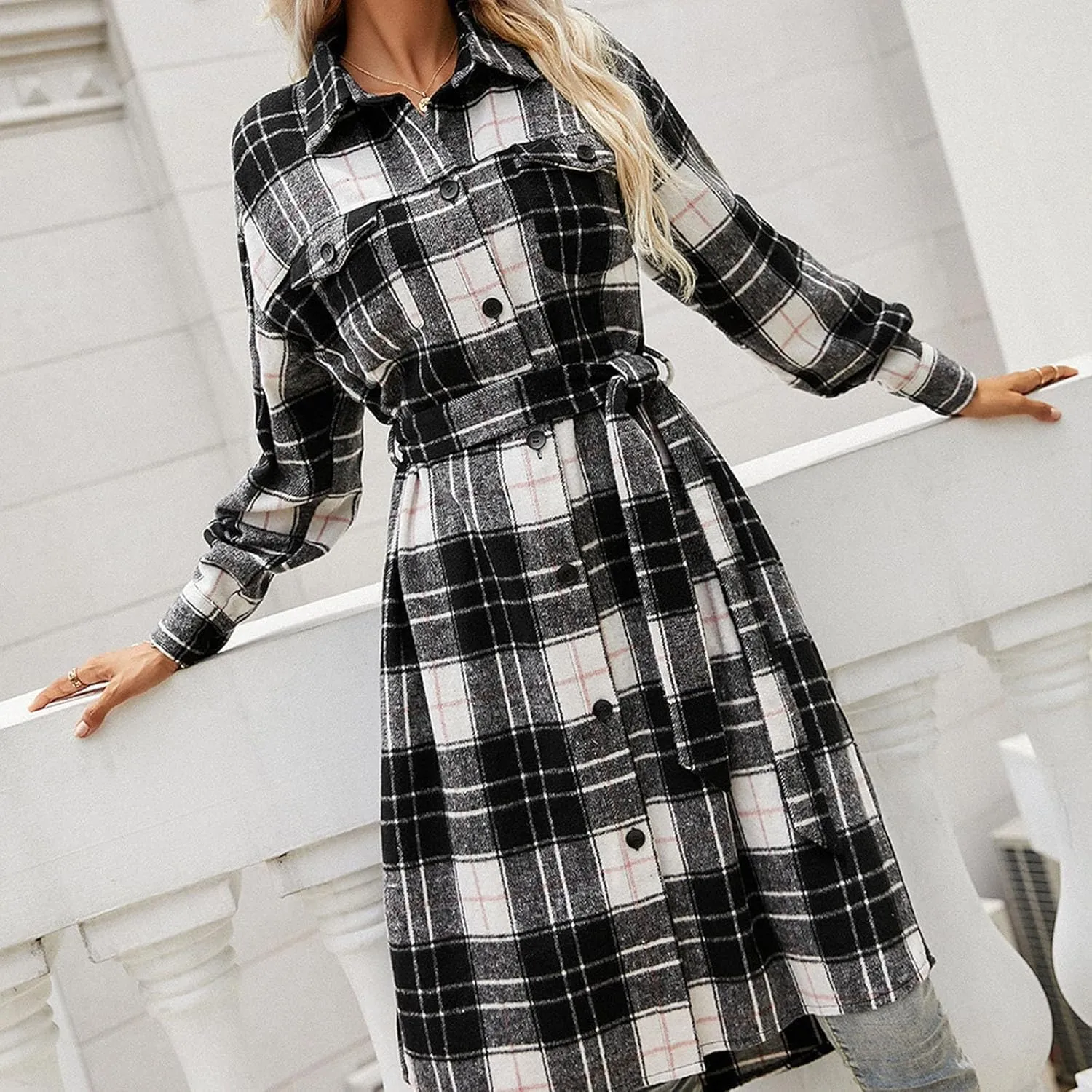Women 2023 Plaid Print Jacket Mid Length Trench Coat Classic Fall Long Sleeve Shirts Warm Wool Pea Coats with Pockets