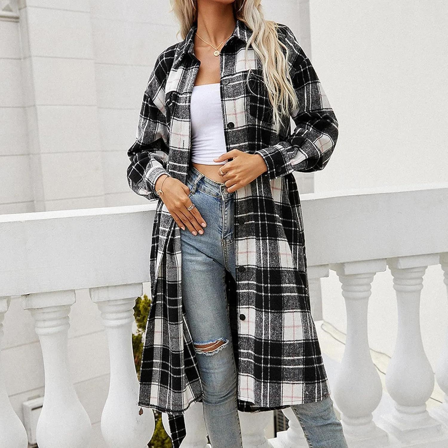 Women 2023 Plaid Print Jacket Mid Length Trench Coat Classic Fall Long Sleeve Shirts Warm Wool Pea Coats with Pockets