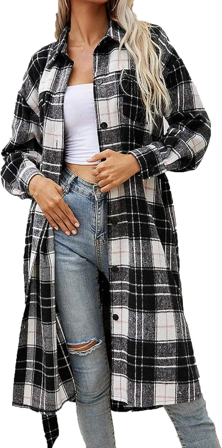 Women 2023 Plaid Print Jacket Mid Length Trench Coat Classic Fall Long Sleeve Shirts Warm Wool Pea Coats with Pockets