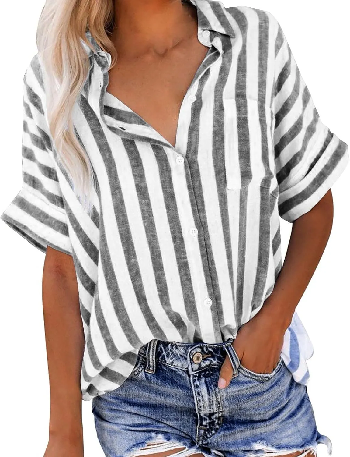 Women Button Down Striped Shirts Cotton Linen Summer Blouse Collared Short Sleeve Comfy Tops Work Office Wear Clothing