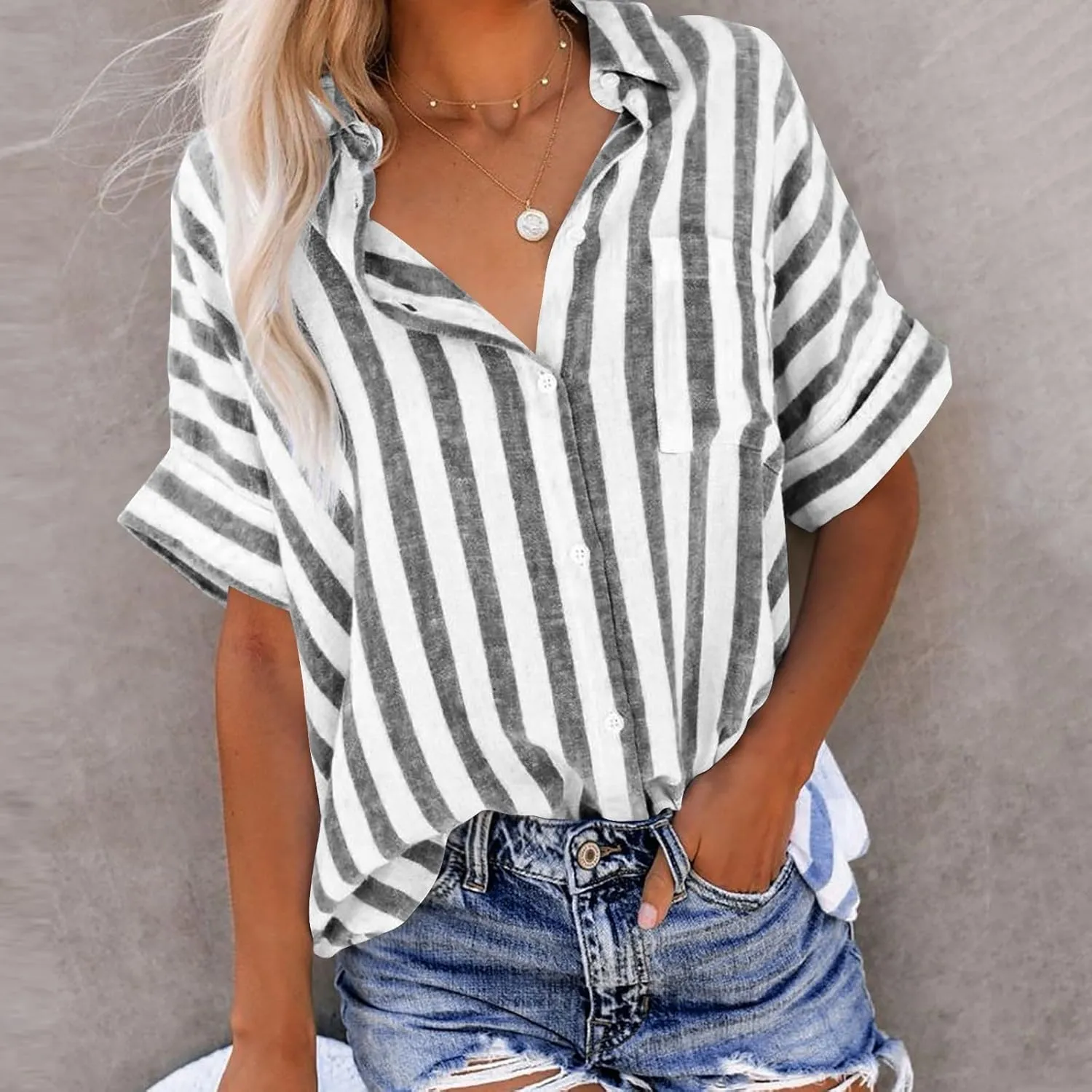 Women Button Down Striped Shirts Cotton Linen Summer Blouse Collared Short Sleeve Comfy Tops Work Office Wear Clothing