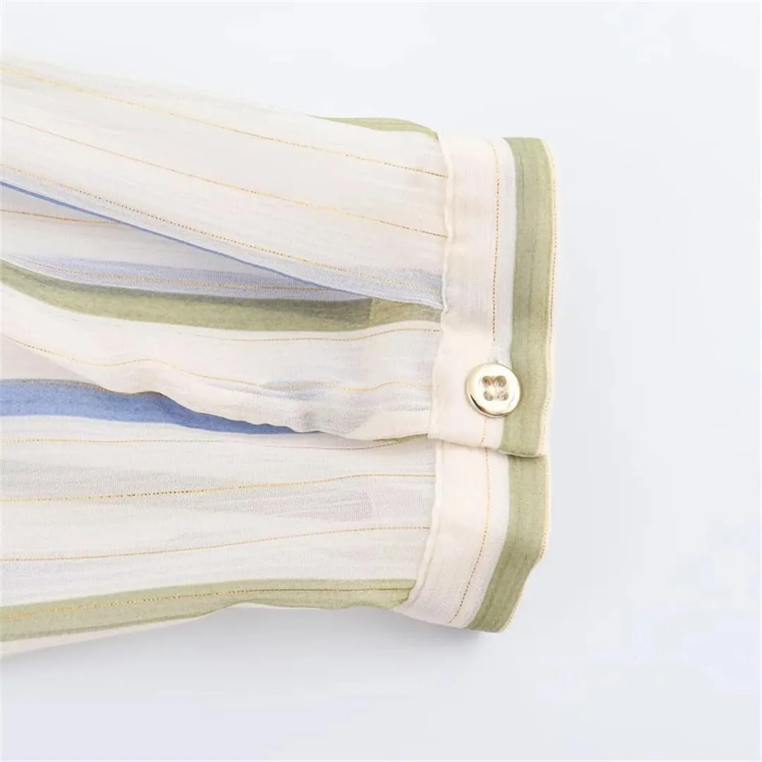 Women Casual Striped Long Sleeved Lapel Shirt V-Neck Buttons Asymmetric Top Loose Folds Top