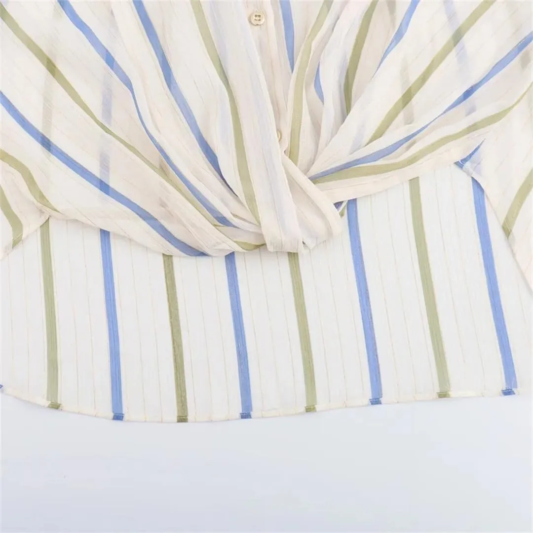 Women Casual Striped Long Sleeved Lapel Shirt V-Neck Buttons Asymmetric Top Loose Folds Top