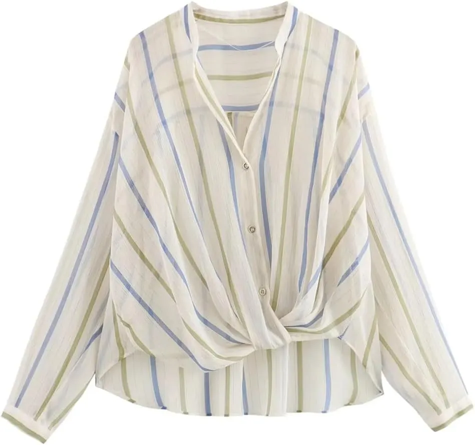 Women Casual Striped Long Sleeved Lapel Shirt V-Neck Buttons Asymmetric Top Loose Folds Top