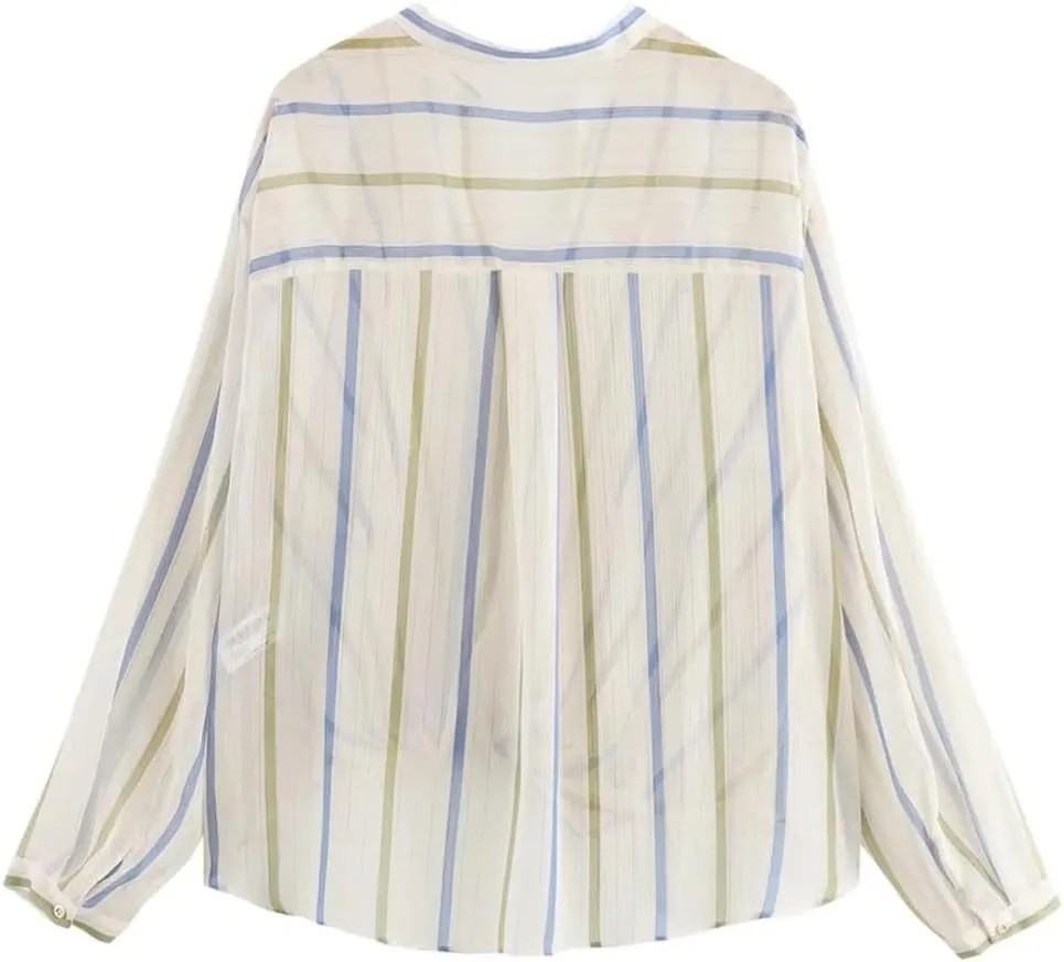 Women Casual Striped Long Sleeved Lapel Shirt V-Neck Buttons Asymmetric Top Loose Folds Top