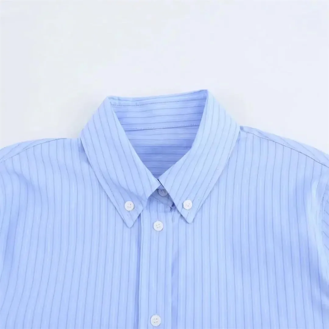 Women Casual Striped Poplin Blouse Long Sleeve Loose Shirts Lapel Office Lady Buttons Work Top