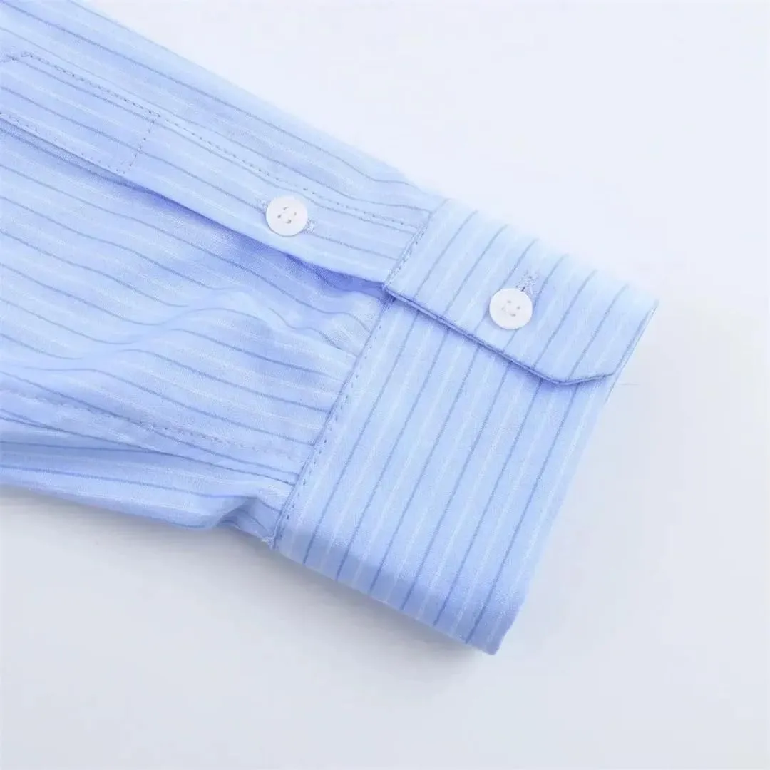 Women Casual Striped Poplin Blouse Long Sleeve Loose Shirts Lapel Office Lady Buttons Work Top