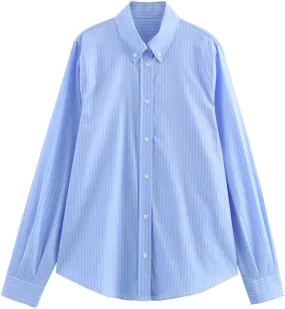 Women Casual Striped Poplin Blouse Long Sleeve Loose Shirts Lapel Office Lady Buttons Work Top