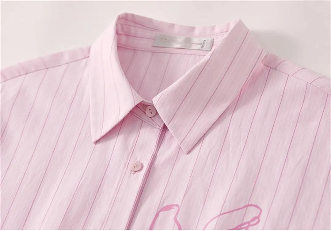 Women Cotton Print Shirts Striped Comfort Loose Turn Down Collar Blouse Long Sleeve Office Top