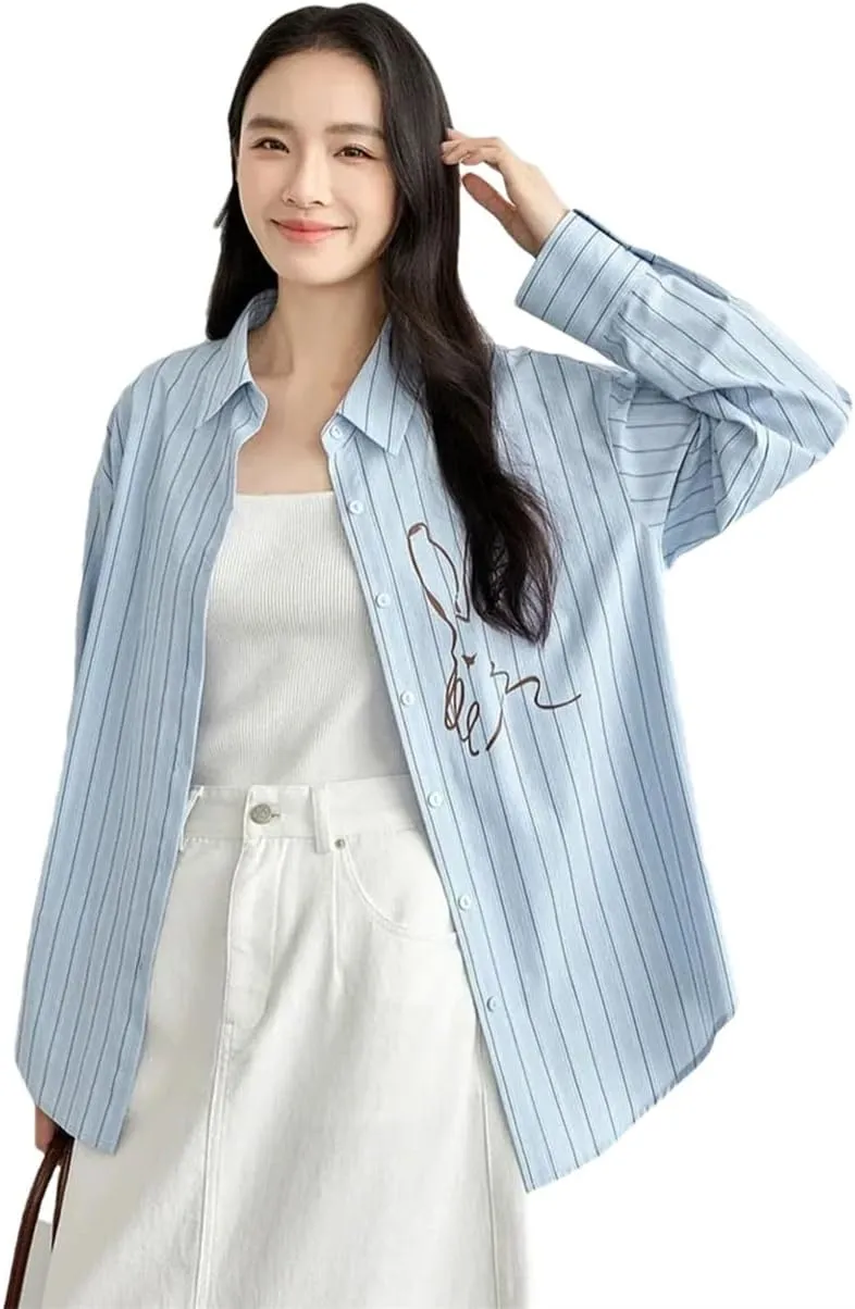 Women Cotton Print Shirts Striped Comfort Loose Turn Down Collar Blouse Long Sleeve Office Top