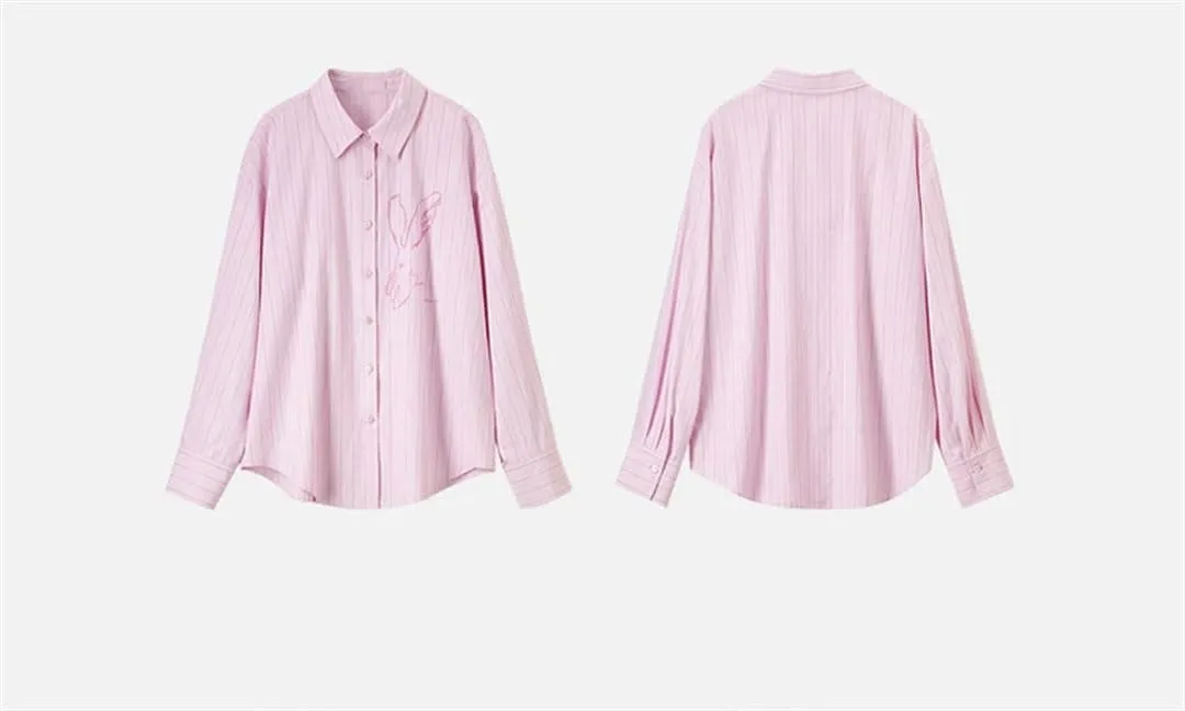 Women Cotton Print Shirts Striped Comfort Loose Turn Down Collar Blouse Long Sleeve Office Top