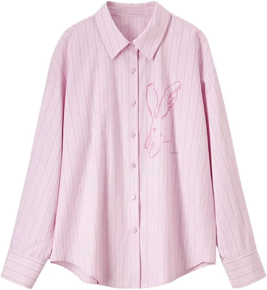 Women Cotton Print Shirts Striped Comfort Loose Turn Down Collar Blouse Long Sleeve Office Top