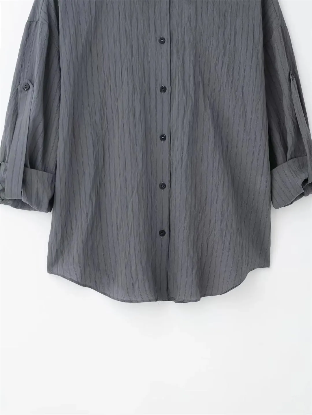 Women European American Adjustable Blouse Long Sleeved Striped Lapel Shirt Slim Fit Top