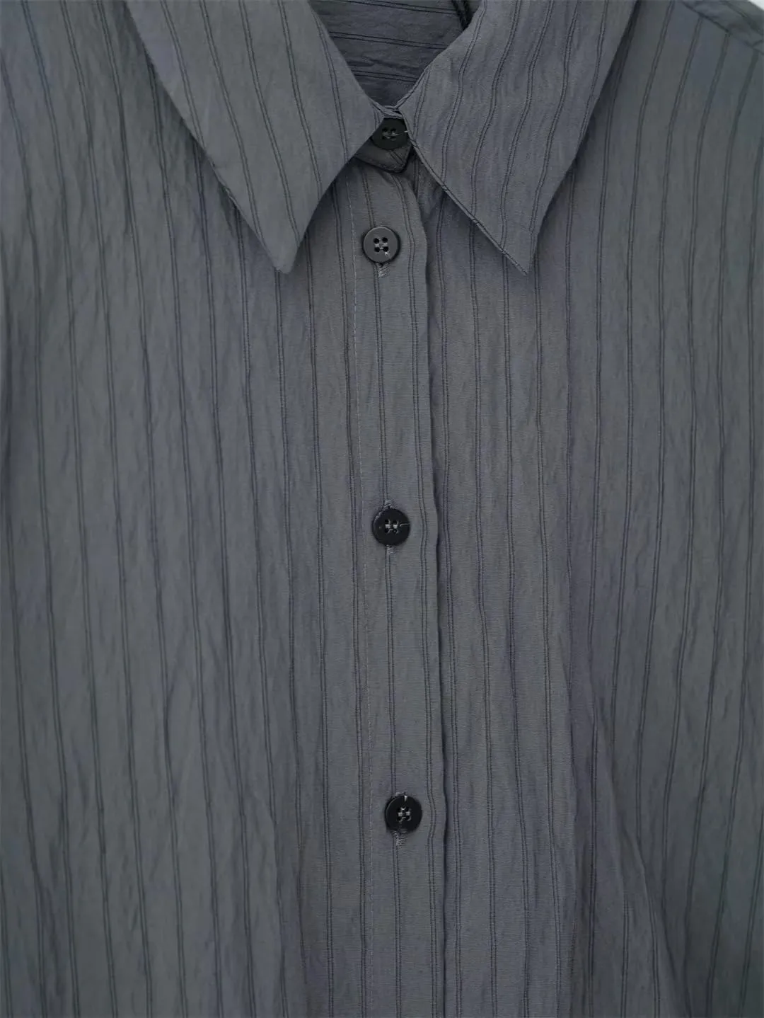 Women European American Adjustable Blouse Long Sleeved Striped Lapel Shirt Slim Fit Top