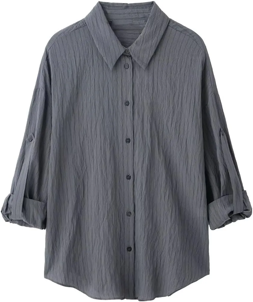 Women European American Adjustable Blouse Long Sleeved Striped Lapel Shirt Slim Fit Top