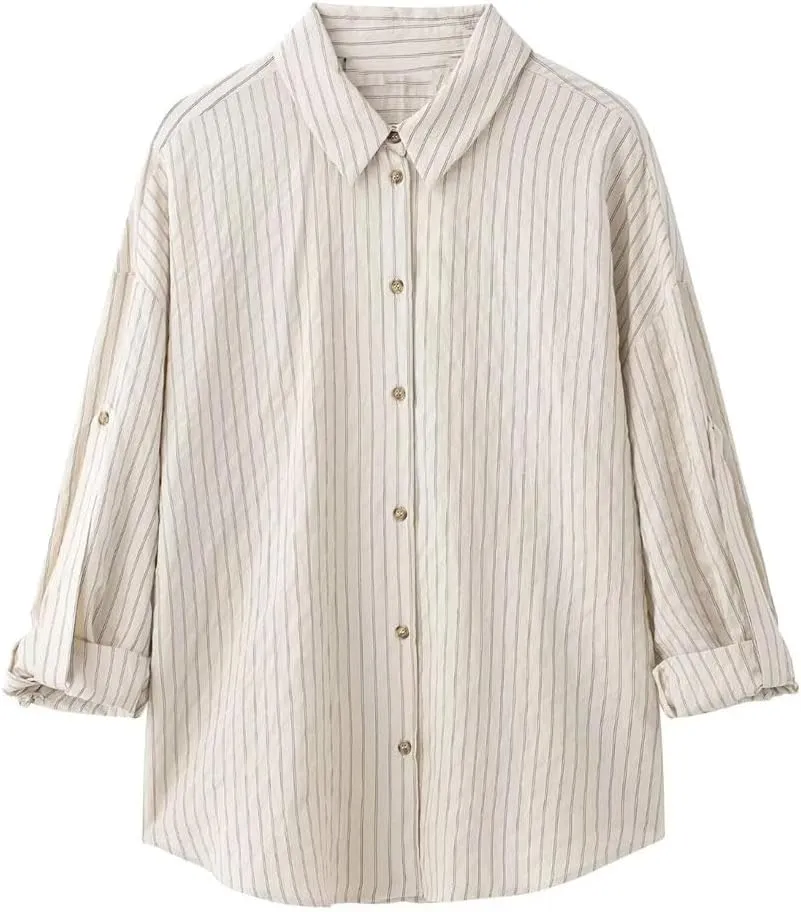Women European American Adjustable Blouse Long Sleeved Striped Lapel Shirt Slim Fit Top