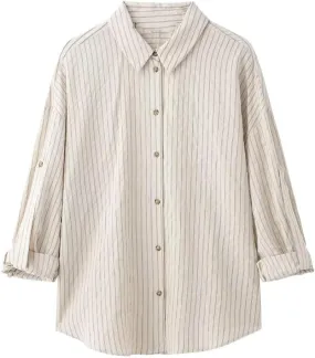 Women European American Adjustable Blouse Long Sleeved Striped Lapel Shirt Slim Fit Top