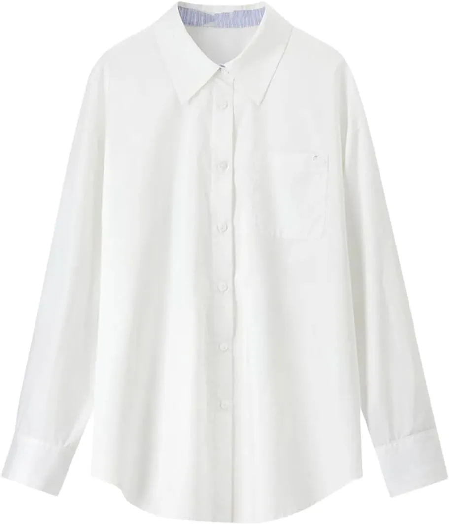 Women Patchwork Striped Shirts Cuff Casual Office Lady Blouse Embroidery Solid Color Top