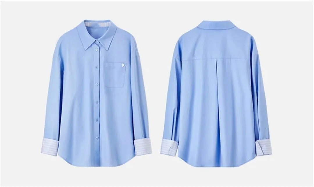 Women Patchwork Striped Shirts Cuff Casual Office Lady Blouse Embroidery Solid Color Top