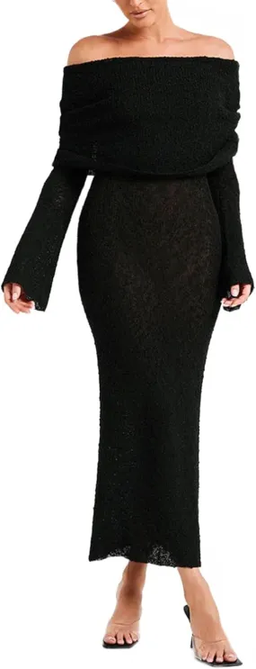 Women Sexy Off Shoulder Maxi Dress Long Sleeve Knit Crochet Bodycon Ruched Mesh Beach Vacation Party Sweater Dresses
