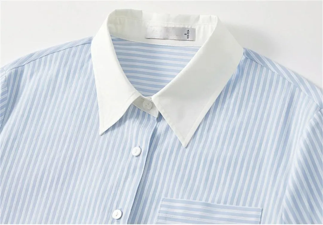 Women Striped Cotton Blouse Patchwork Straight Long Sleeve Shirts Pockets Office Lady Top