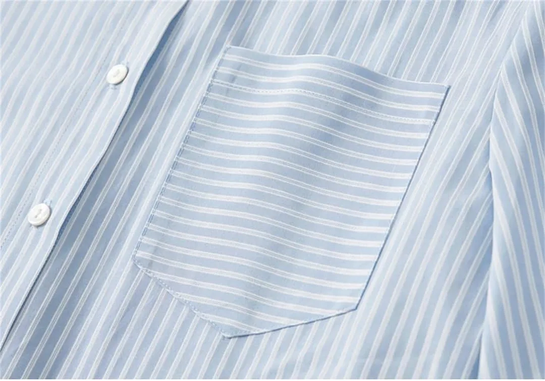 Women Striped Cotton Blouse Patchwork Straight Long Sleeve Shirts Pockets Office Lady Top