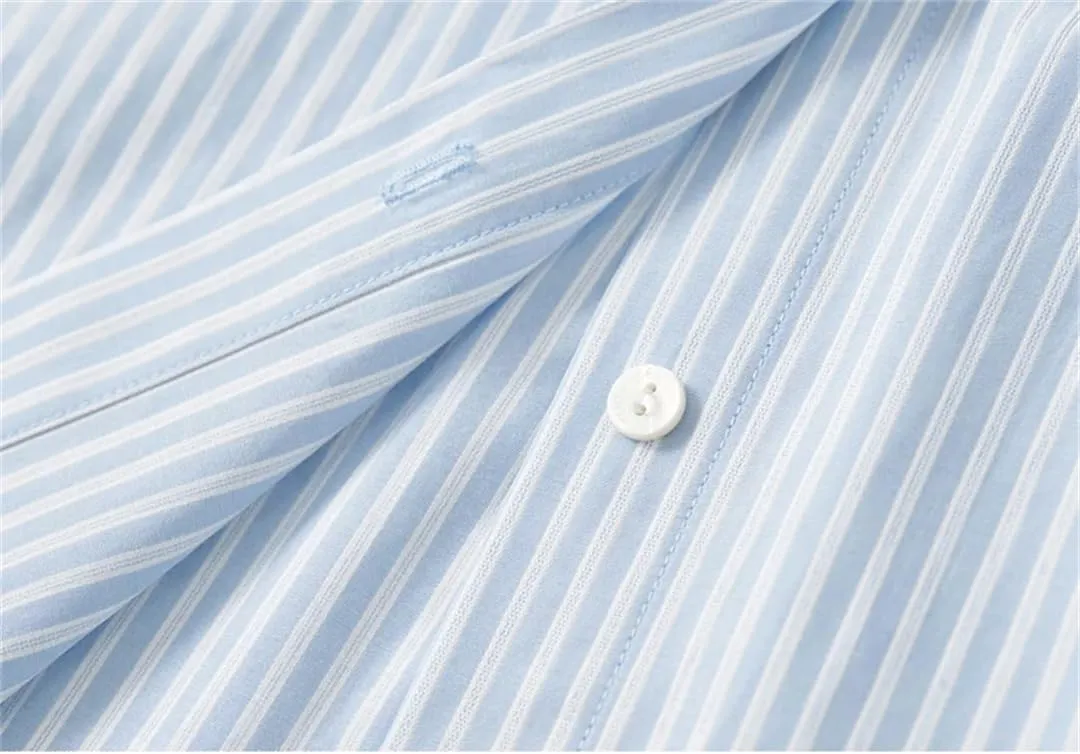 Women Striped Cotton Blouse Patchwork Straight Long Sleeve Shirts Pockets Office Lady Top