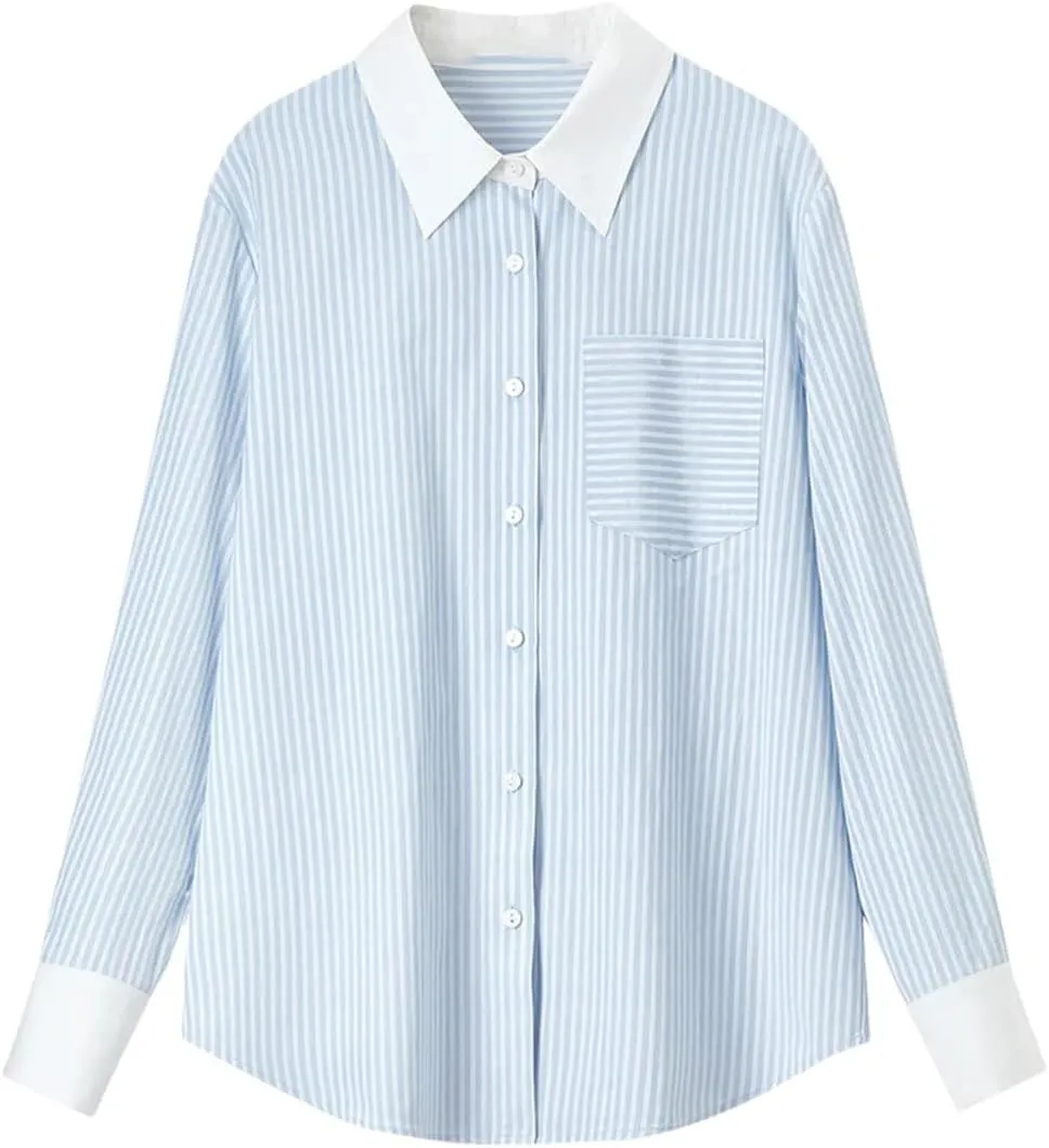Women Striped Cotton Blouse Patchwork Straight Long Sleeve Shirts Pockets Office Lady Top