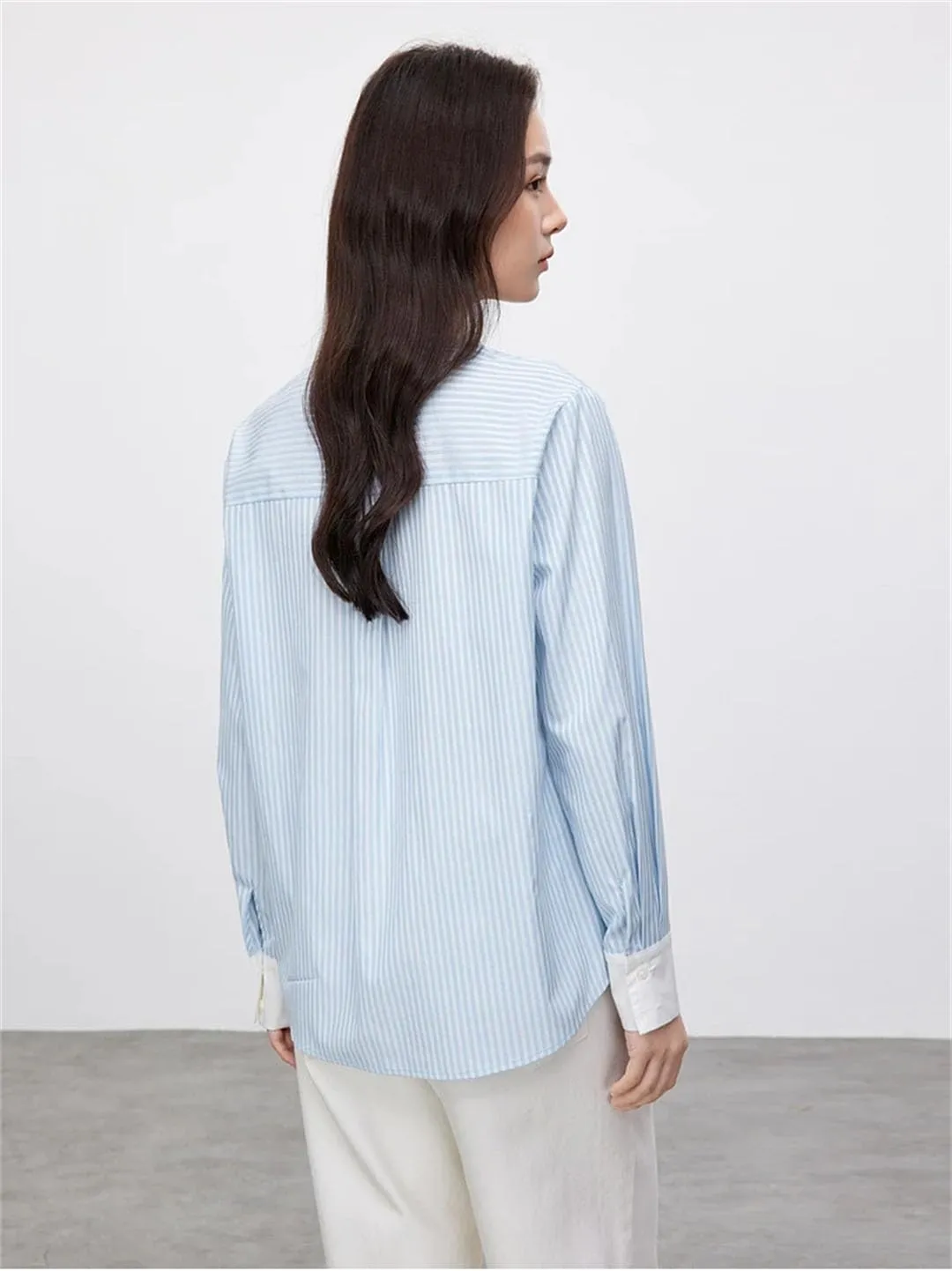 Women Striped Cotton Blouse Patchwork Straight Long Sleeve Shirts Pockets Office Lady Top