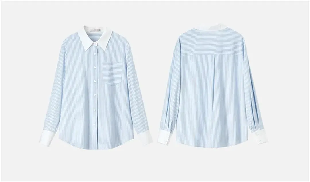 Women Striped Cotton Blouse Patchwork Straight Long Sleeve Shirts Pockets Office Lady Top