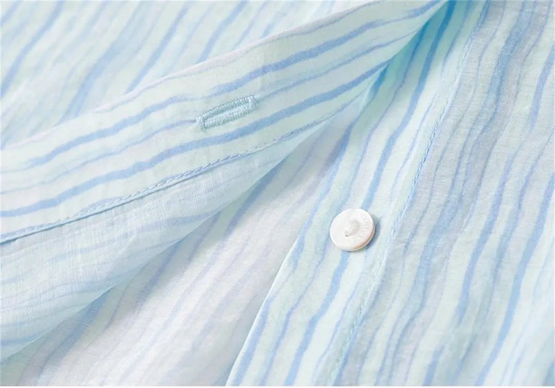 Women Striped Turn Down Collar Shirts Long Sleeve Wave Lazy Blouses Buttons Office Lady Top