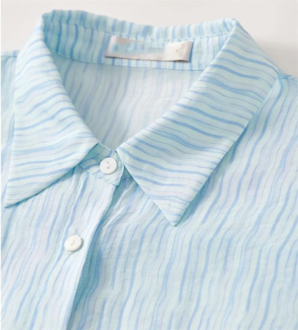 Women Striped Turn Down Collar Shirts Long Sleeve Wave Lazy Blouses Buttons Office Lady Top