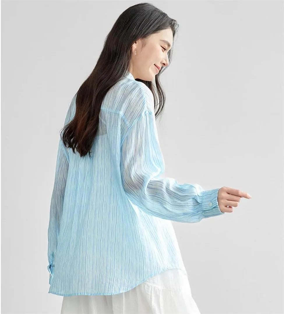 Women Striped Turn Down Collar Shirts Long Sleeve Wave Lazy Blouses Buttons Office Lady Top