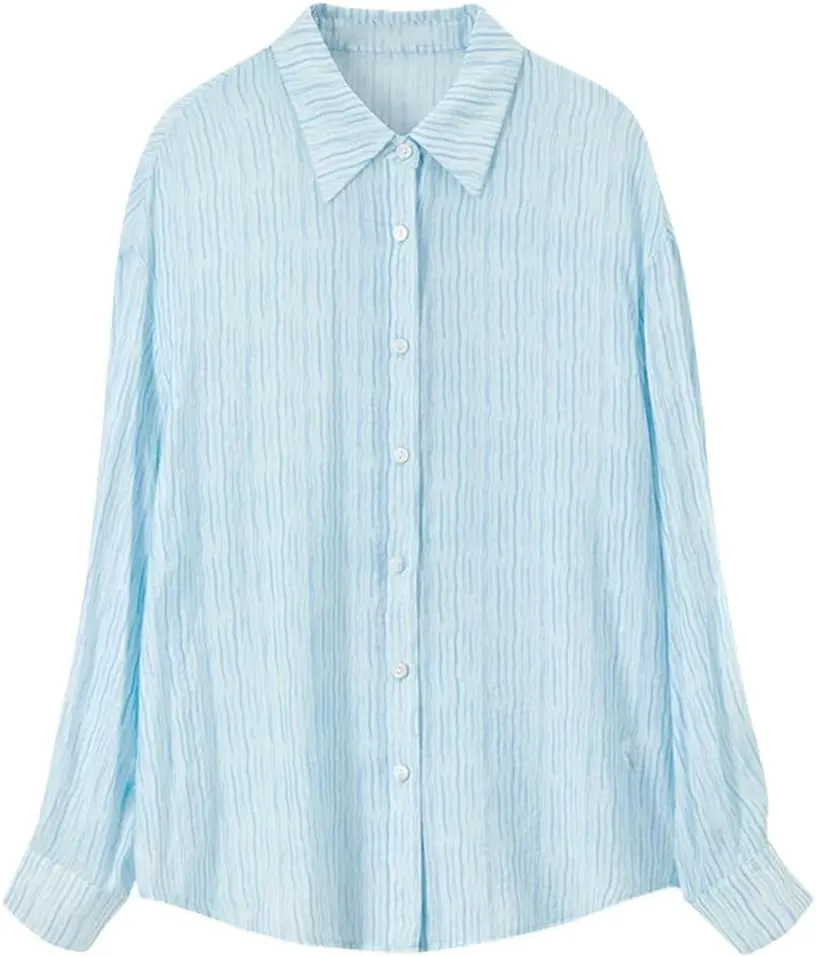 Women Striped Turn Down Collar Shirts Long Sleeve Wave Lazy Blouses Buttons Office Lady Top