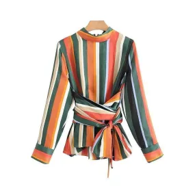 women vintage bow tie color striped shirt stand collar zipper long sleeve blouse retro autumn casual tops blusas LT2385 (US 10-16W)