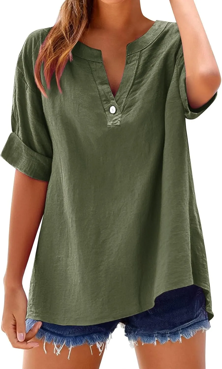 Womens 3/4 Sleeve t Shirts Summer Tops Collar Casual Women's Shirt Women's Trendy V Neck Button Down Striped