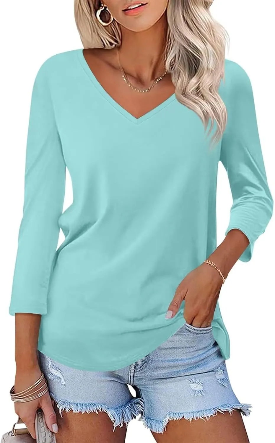 Women's 3/4 Sleeve Tops Trendy Summer 2025 Solid Color T-Shirts V Neck Tunic Blouses Casual Loose Fit Vacation Outfits