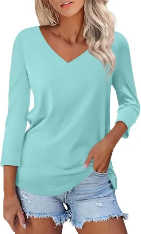 Women's 3/4 Sleeve Tops Trendy Summer 2025 Solid Color T-Shirts V Neck Tunic Blouses Casual Loose Fit Vacation Outfits