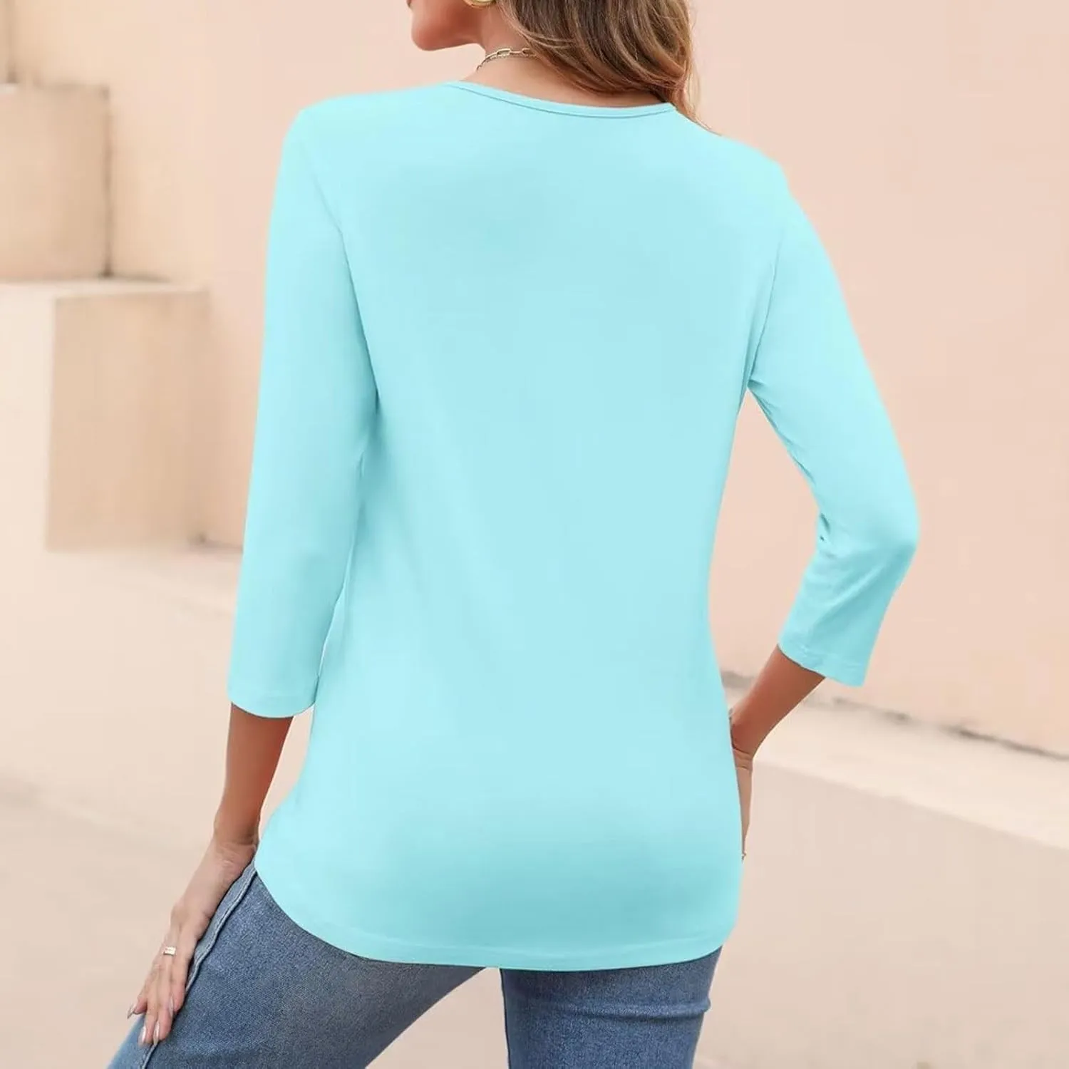 Women's 3/4 Sleeve Tops Trendy Summer 2025 Solid Color T-Shirts V Neck Tunic Blouses Casual Loose Fit Vacation Outfits