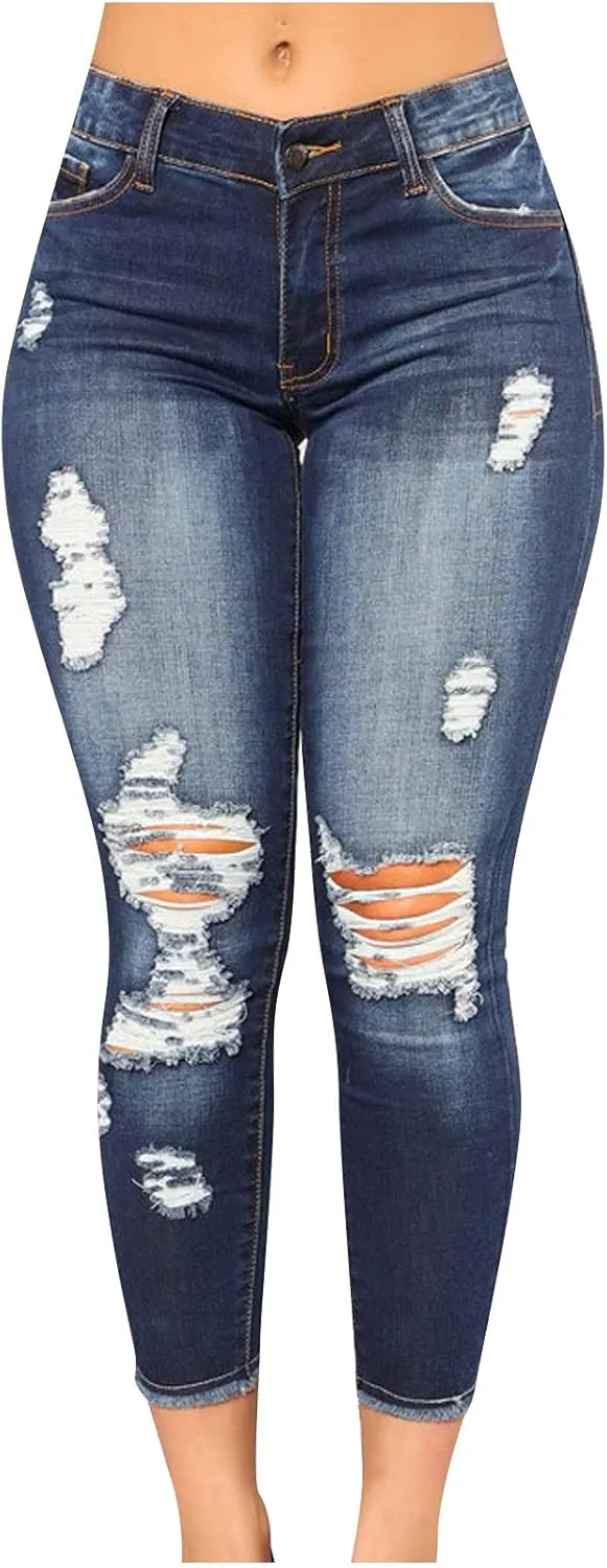 Women's Curvy High Waist Stretch Jeans Butt Lifting Skinny Pockets Denim Pants Comfy Outside Colombian Ripped Jeans
