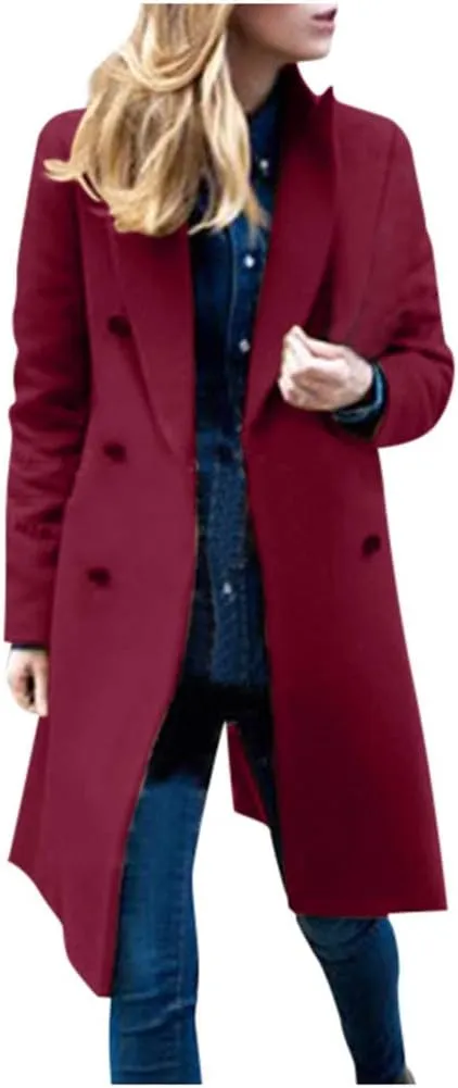 Women's Double Breasted Trench Coat Winter Windbreaker Faux Wool Coats Classic Lapel Long Sleeve Overcoat with Pockets