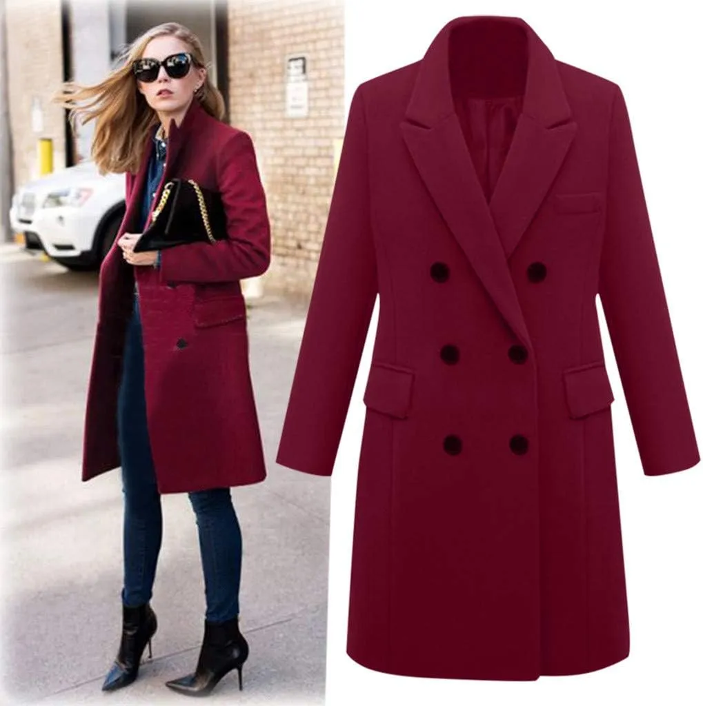 Women's Double Breasted Trench Coat Winter Windbreaker Faux Wool Coats Classic Lapel Long Sleeve Overcoat with Pockets