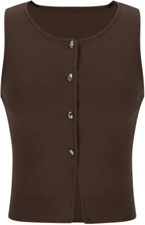 Women's Knitted Cotton Crop Tank Top Button Down Crew Neck Sweater Vest Solid Color Pullover Sleeveless Shirt