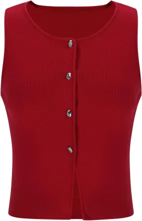 Women's Knitted Cotton Crop Tank Top Button Down Crew Neck Sweater Vest Solid Color Pullover Sleeveless Shirt