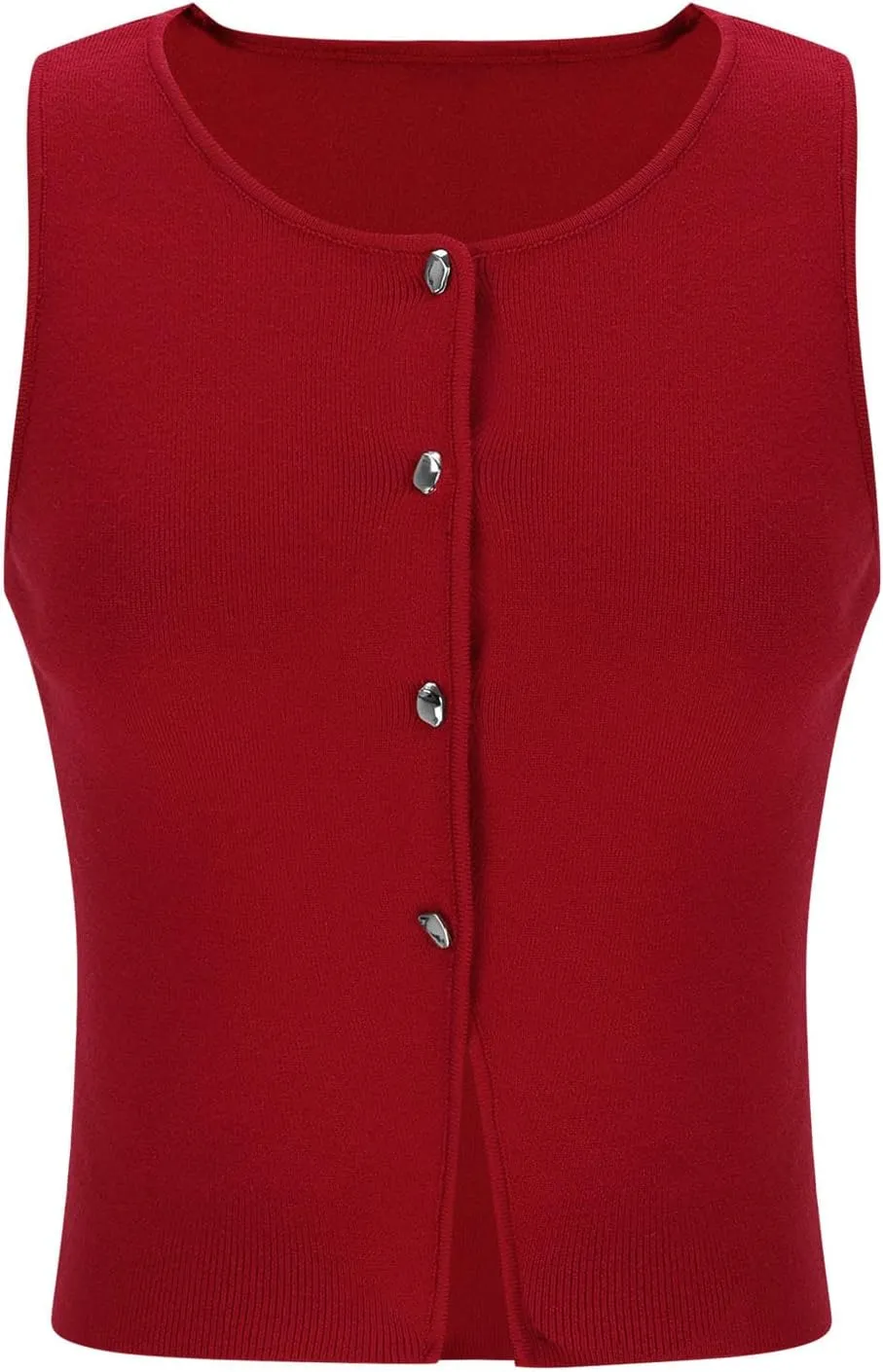 Women's Knitted Cotton Crop Tank Top Button Down Crew Neck Sweater Vest Solid Color Pullover Sleeveless Shirt