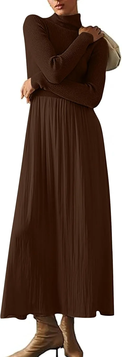 Womens Long Sleeve Maxi Dress Turtleneck Maxi Sweater Dress Slim Fit Patchwork High Waist Flowy Long Dresses