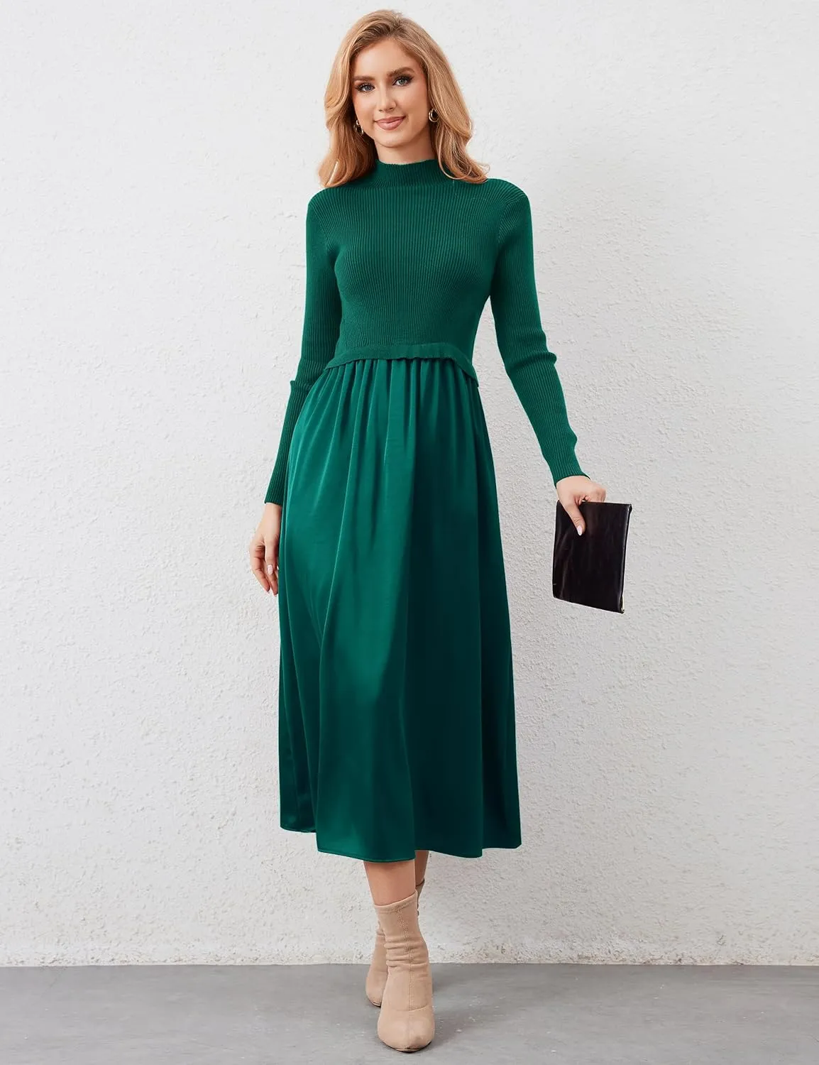 Womens Long Sleeve Maxi Dress Turtleneck Maxi Sweater Dress Slim Fit Patchwork High Waist Flowy Long Dresses
