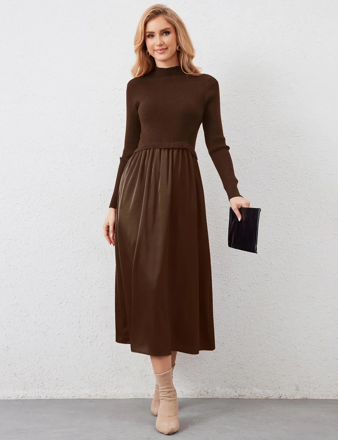 Womens Long Sleeve Maxi Dress Turtleneck Maxi Sweater Dress Slim Fit Patchwork High Waist Flowy Long Dresses